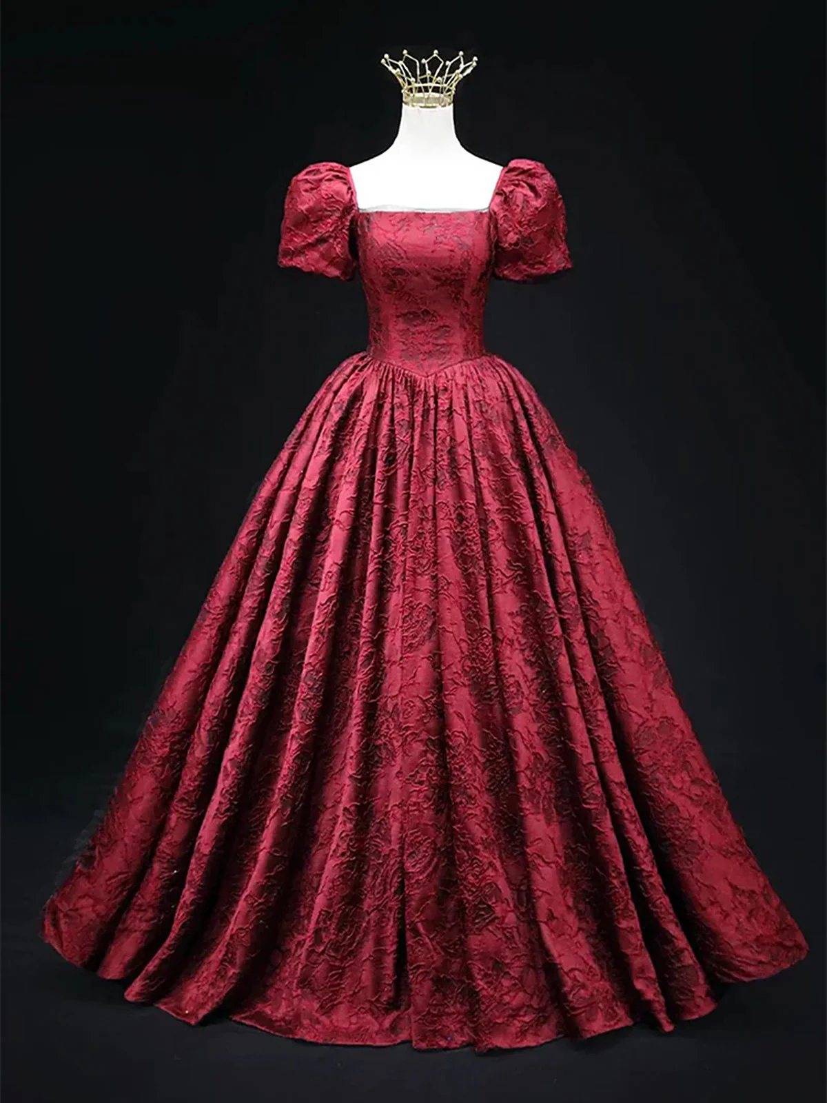 Vintage Square Neck Wine Red Prom Gown, Short Sleeves Evening Dress Party Dress