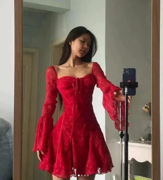Sexy Red Lace Trumpet Sleeves Homecoming Dress Party Dress (ZD11382)