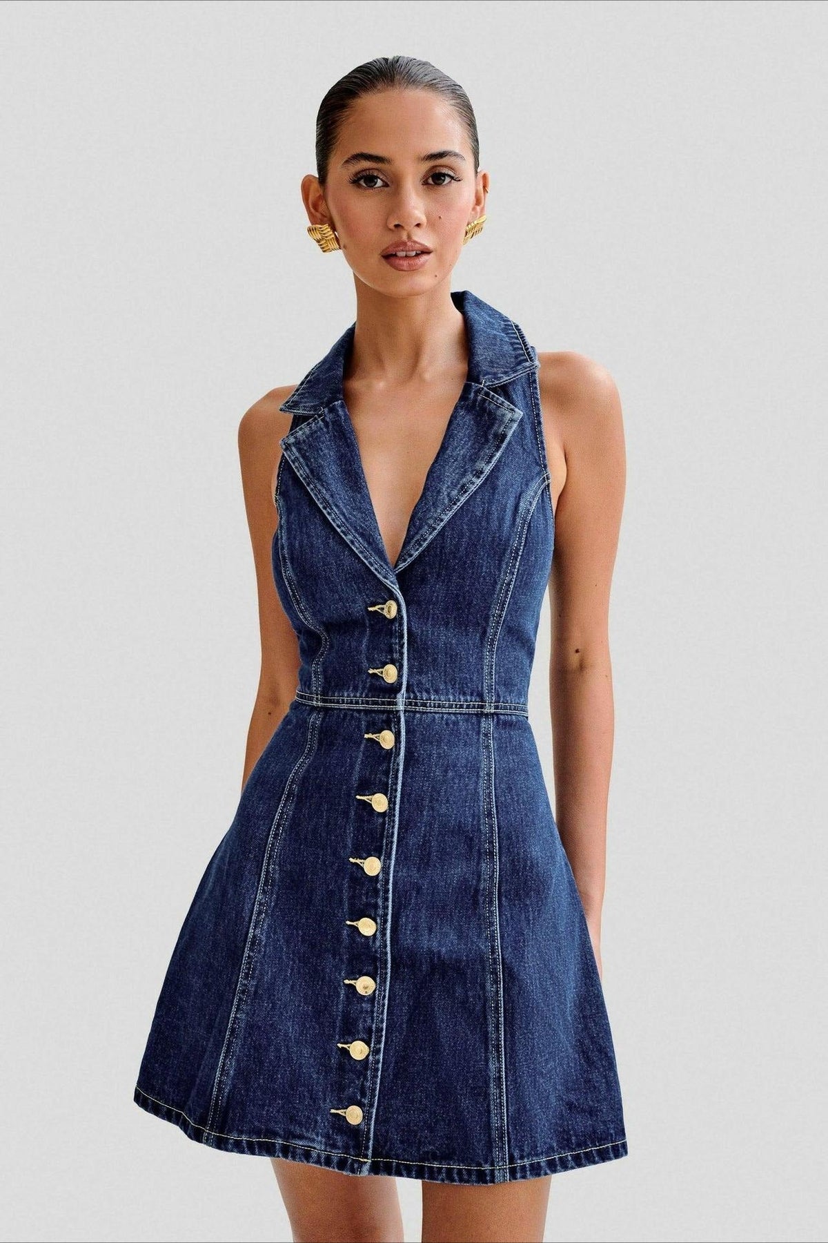 Fitted Halter Denim Dress - View 3 | VelvetHem