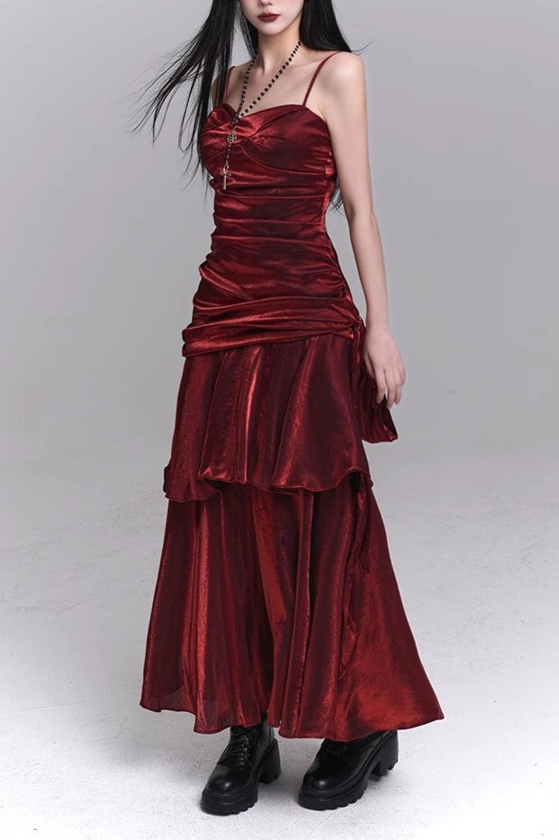 Asymmetrical Burgundy Ruffled Tailored Dress for Layered Outfit Styling