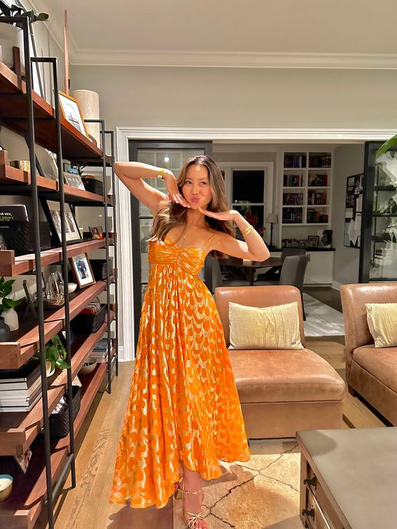 Chic Orange Long A Line Prom Dress Spaghetti Straps Evening Party Gown