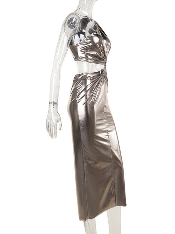 Skinny Sleeveless Asymmetric Pleated Shiny Split-Back Split-Joint One-Shoulder Evening Dresses Maxi Dresses - View 14 | VelvetHem