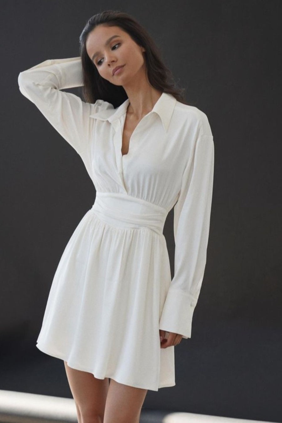 V Neck Ruched Long Sleeve Midi Dress