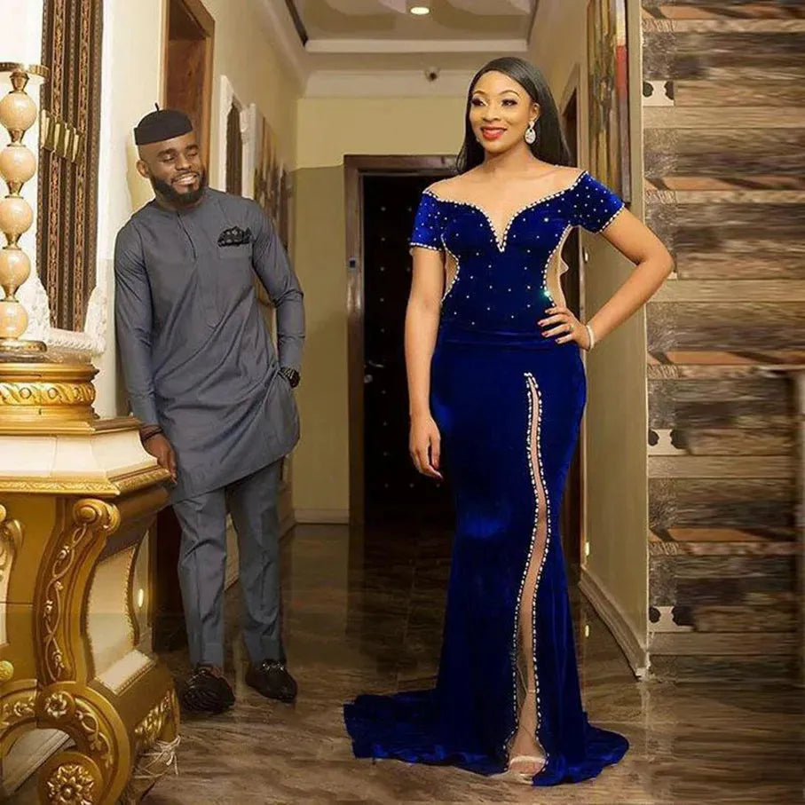 Royal Blue Mermaid Evening Dress V-Neck Off The Shoulder Sequineds Prom Gown Side Slit Floor Length Algerian Outfit