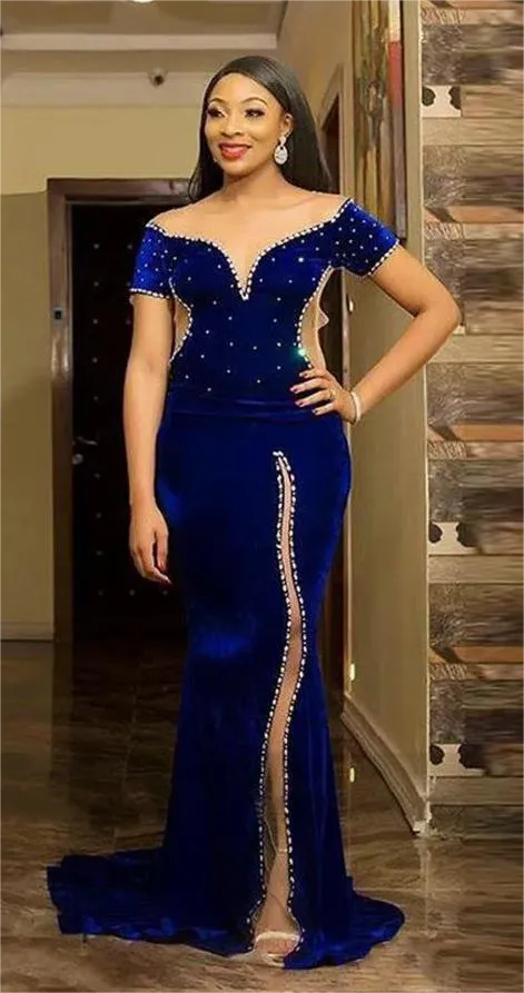 Royal Blue Mermaid Evening Dress V-Neck Off The Shoulder Sequineds Prom Gown Side Slit Floor Length Algerian Outfit