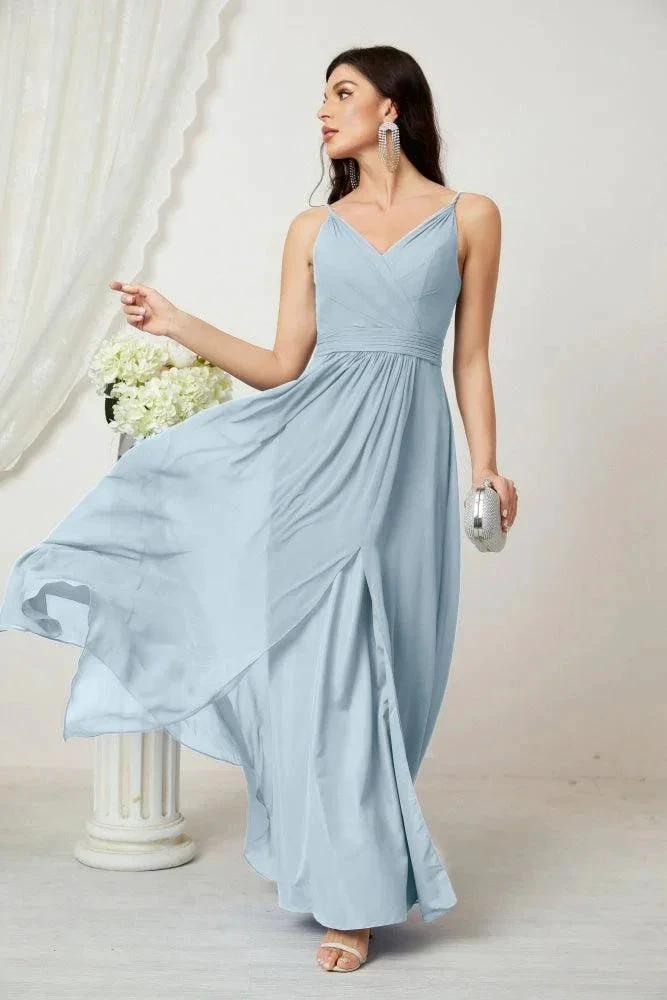 Numbersea Chiffon V-Neck Bridesmaid Dress Spaghetti Strap Long Formal Party Prom Gowns with Slit 28010 by numbersea