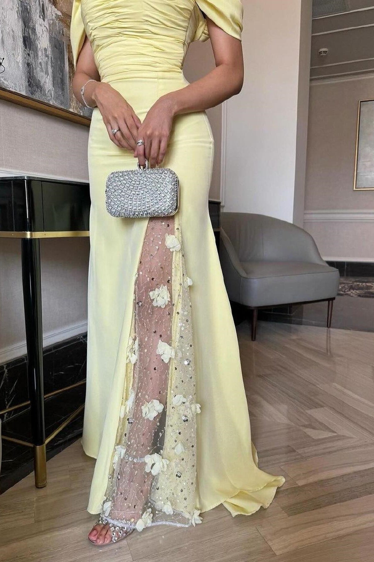 Elegant Mermaid Off the Shoulder Yellow Party Dress with Split Front