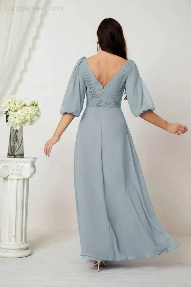 ZapDress  Formal Prom Gown Women V-Neck Chiffon Bridesmaid Dresses Long Bishop Sleeve Party Dress 2807 (ZD17027)