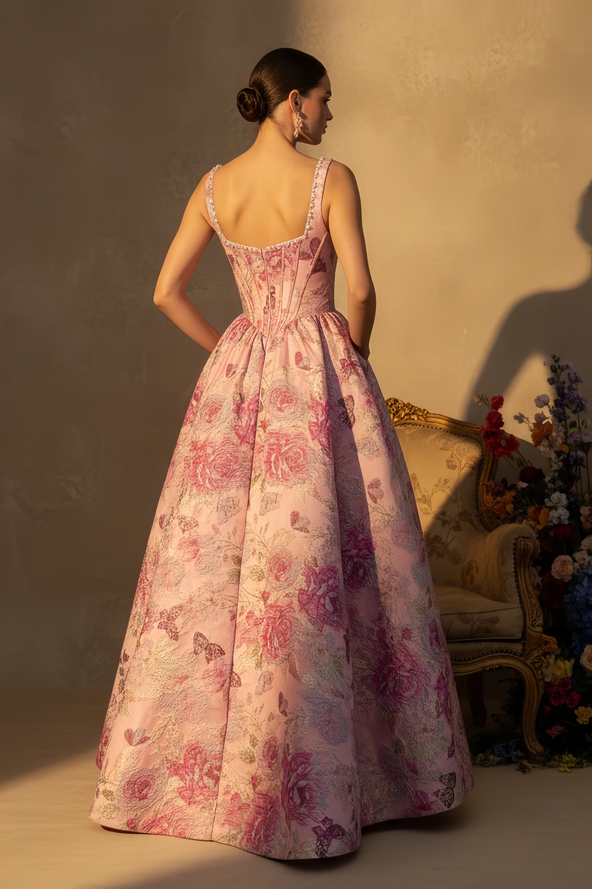 Elegant Floral Jacquard Corset Gown with Embellished Straps
