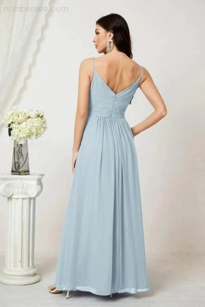 ZapDress Chiffon V-Neck Bridesmaid Dress Spaghetti Strap Long Formal Party Prom Gowns with Slit 28010 (ZD17028)