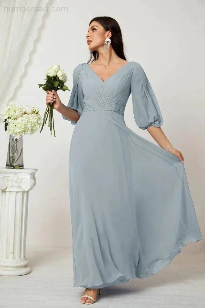 ZapDress  Formal Prom Gown Women V-Neck Chiffon Bridesmaid Dresses Long Bishop Sleeve Party Dress 2807 (ZD17027)