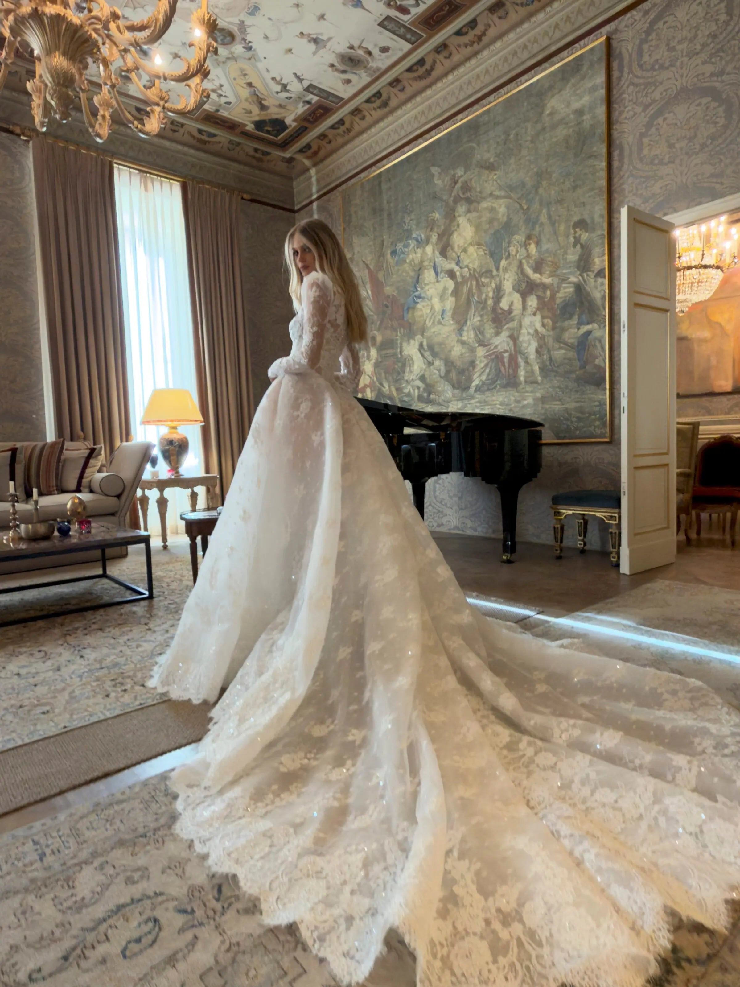 Luxury White High Neck Sequin Long Sleeve Lace A-Line Wedding Dress ZP094