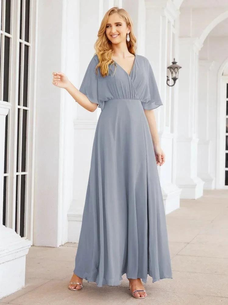 Numbersea V-Neck Bridesmaid Dress Chiffon Long Open Back Formal Dresses for Women Party Evening 28067 by numbersea