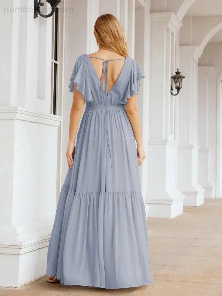 ZapDress Women's Open Back Formal Evening Party Prom Gowns V-Neck Long Chiffon Bridesmaid Dresses with Waist Belt 28038 (ZD17000)