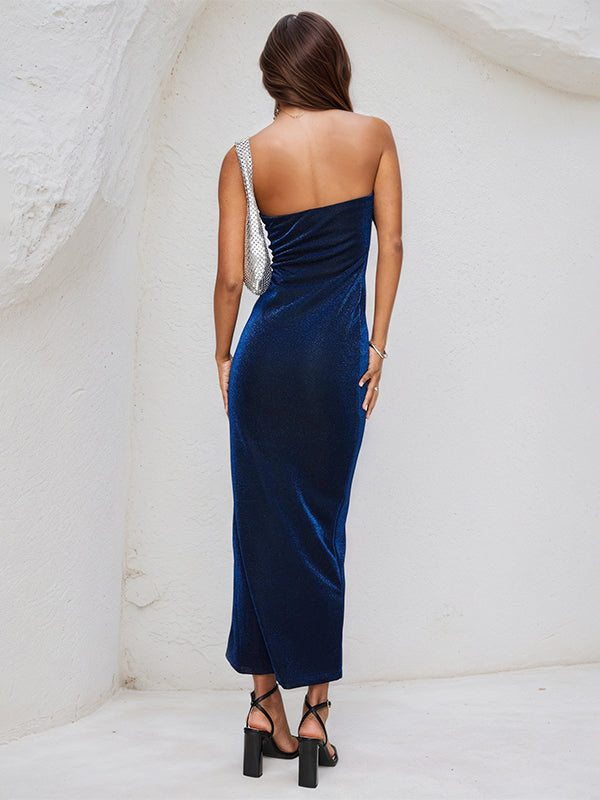 Navy Blue Satin Off the Shoulder Sleeveless Ankle Length Sheath Dress