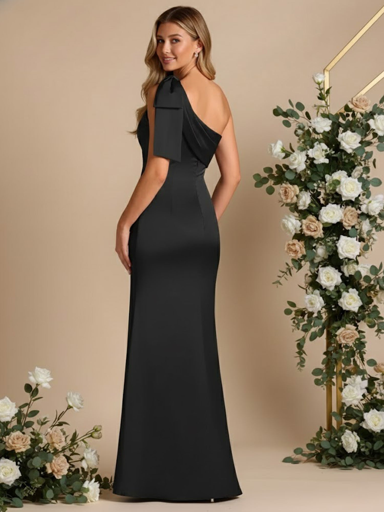 One Shoulder Satin A Line Long Bridesmaid Dresses with Bow