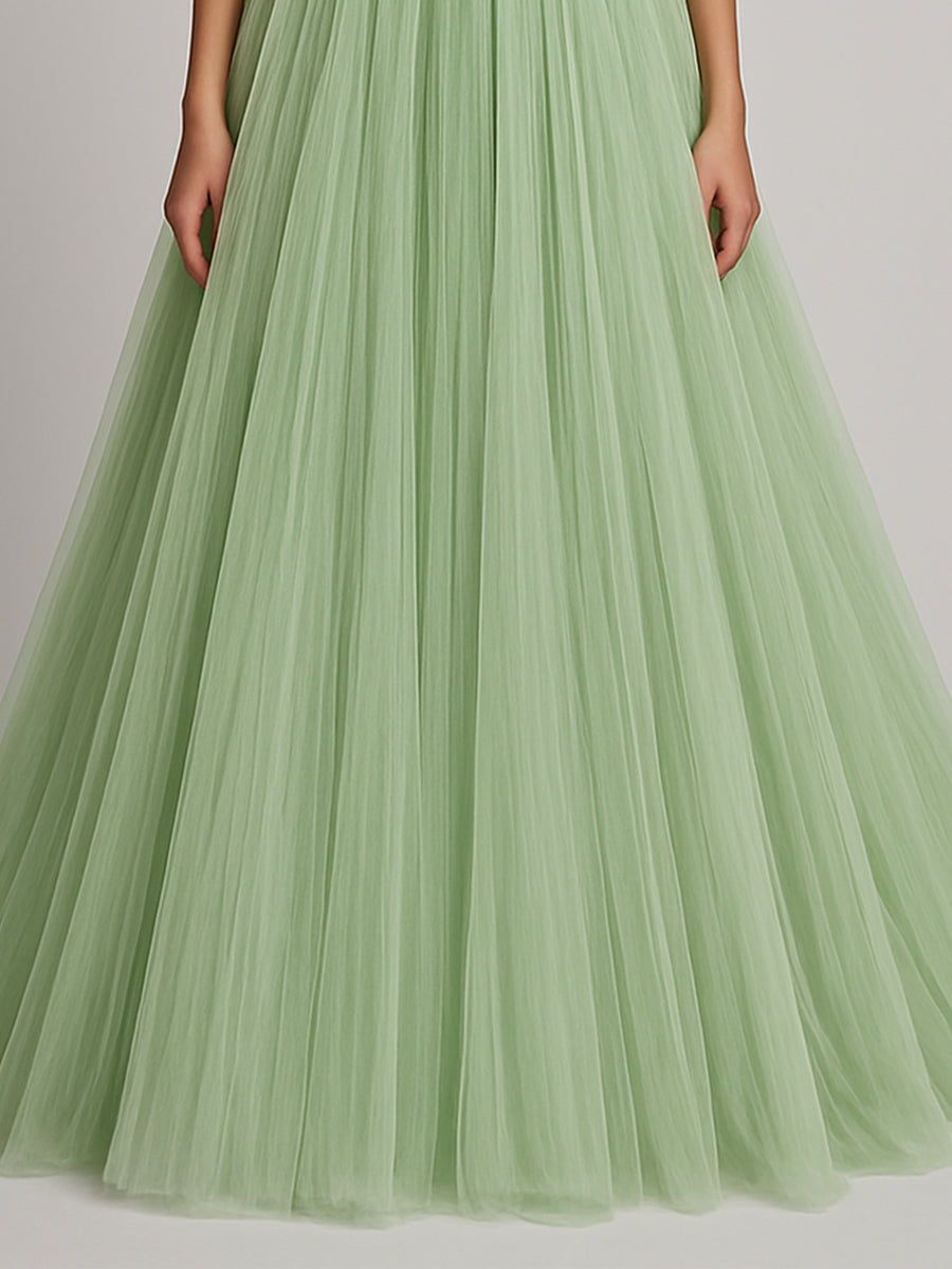 Off Shoulder Pleated Tulle A Line Long Formal Dress with Ruffles