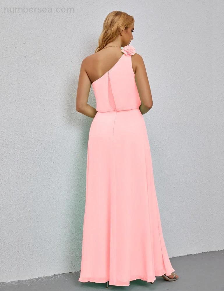 Ruffled One Shoulder Sleeveless Long Bridesmaid Dresses A-line Formal Evening Gown Side Split 28080 (ZD17018)