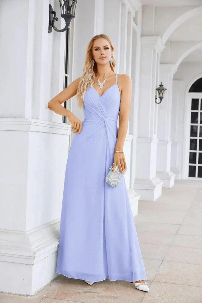 Ladies Chiffon Spaghetti Strap V Neck Front Slit Floor Length Bridesmaid Evening Dress Prom Party Wedding Evening Dress 28116 by numbersea