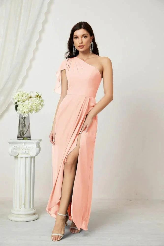 Numbersea Chiffon Ruffled One Shoulder Long Bridesmaid Dresses A-line Formal Evening Gown Side Split 2809 by numbersea