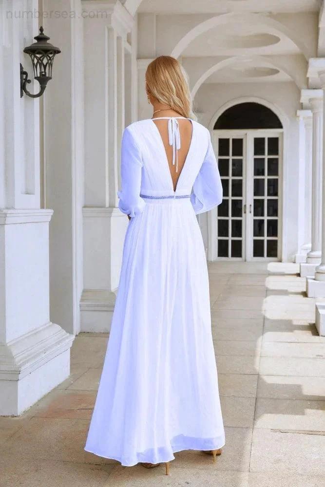 Ladies V Neck Chiffon Long Sleeve Front Slit Bridesmaid Evening Dress Wedding Party Shopping Evening Dress 28109 (ZD16991)