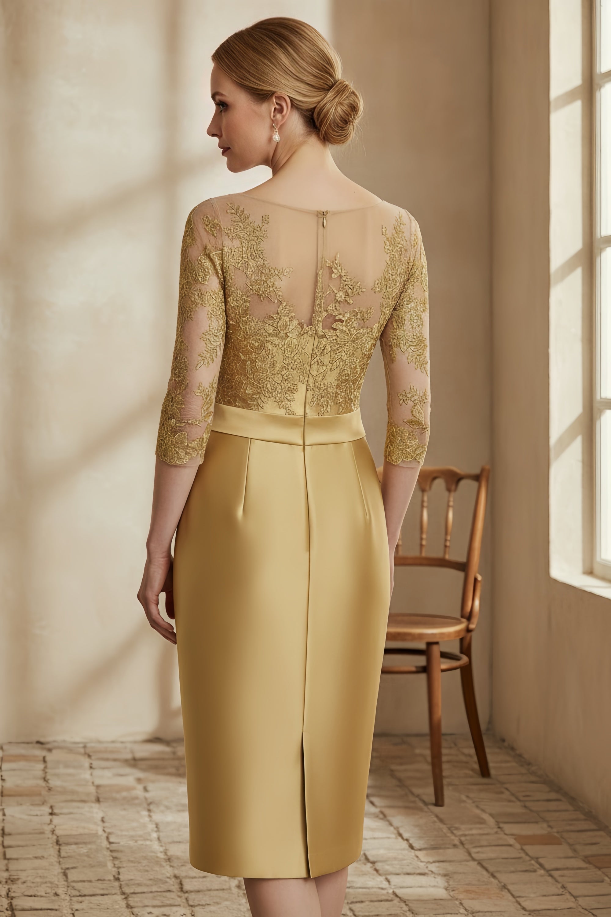 Elegant Lace Illusion Bodice Midi Dress with Statement Bow