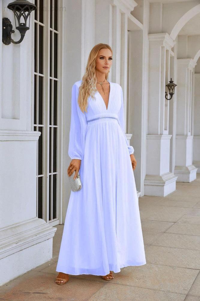 Ladies V Neck Chiffon Long Sleeve Front Slit Bridesmaid Evening Dress Wedding Party Shopping Evening Dress 28109 (ZD16991)