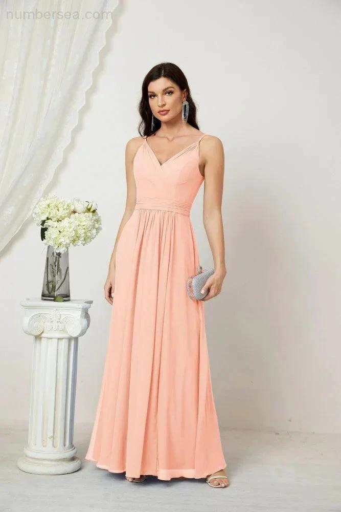 ZapDress Chiffon V-Neck Bridesmaid Dress Spaghetti Strap Long Formal Party Prom Gowns with Slit 28010 (ZD17028)