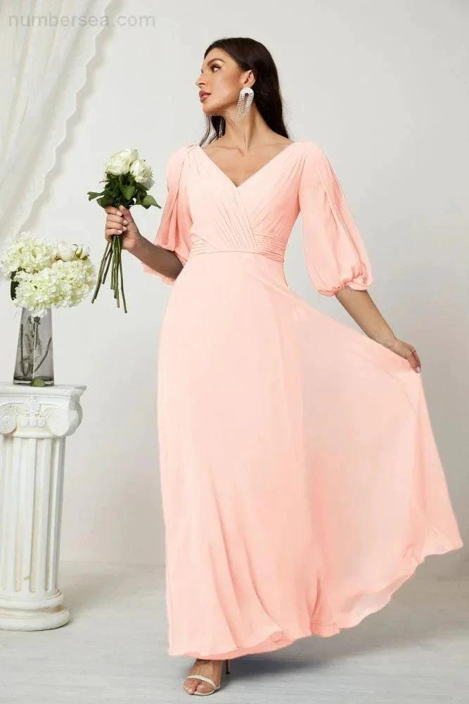 ZapDress  Formal Prom Gown Women V-Neck Chiffon Bridesmaid Dresses Long Bishop Sleeve Party Dress 2807 (ZD17027)