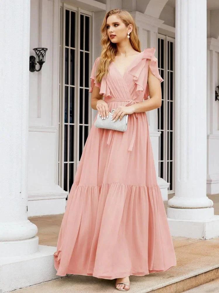 Numbersea Women's Open Back Formal Evening Party Prom Gowns V-Neck Long Chiffon Bridesmaid Dresses with Waist Belt 28038 by numbersea