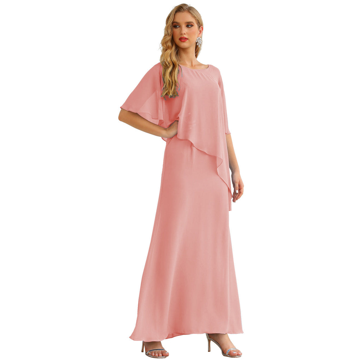 Sunnderly Chiffon Plus Size Mother of The Bride Dresses Formal Prom Gown Ruffle Cape