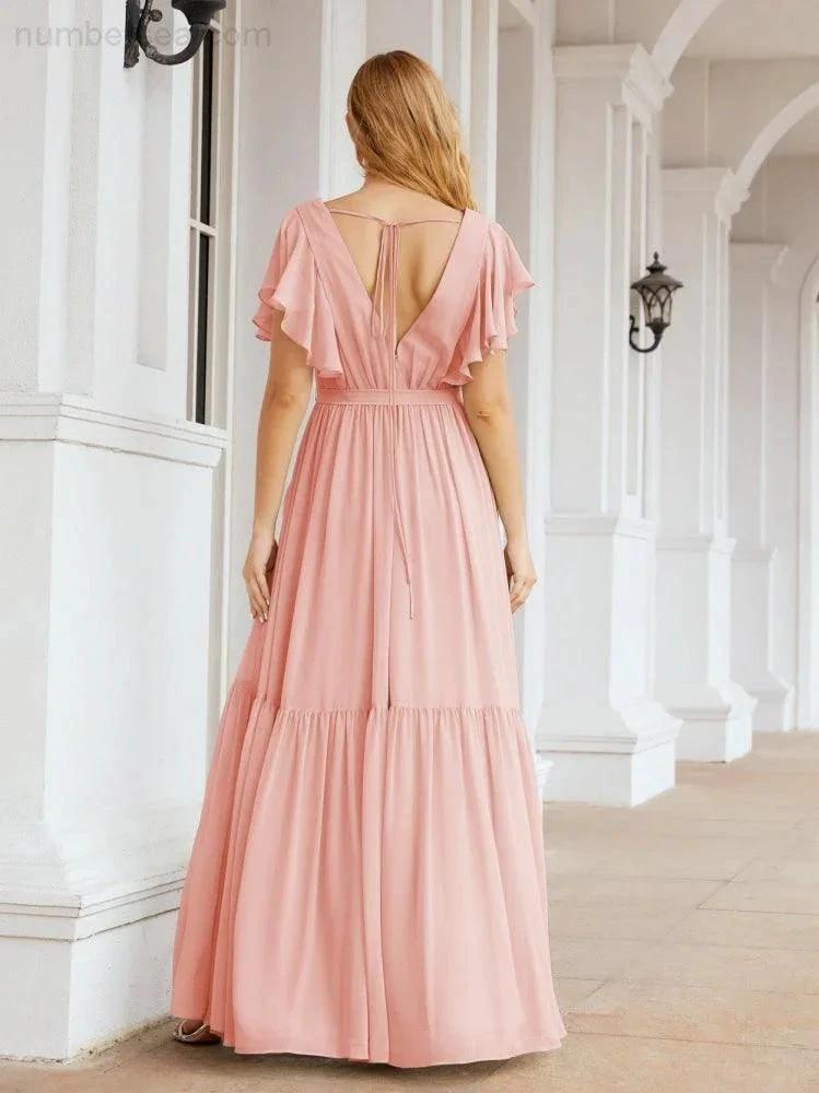 ZapDress Women's Open Back Formal Evening Party Prom Gowns V-Neck Long Chiffon Bridesmaid Dresses with Waist Belt 28038 (ZD17000)