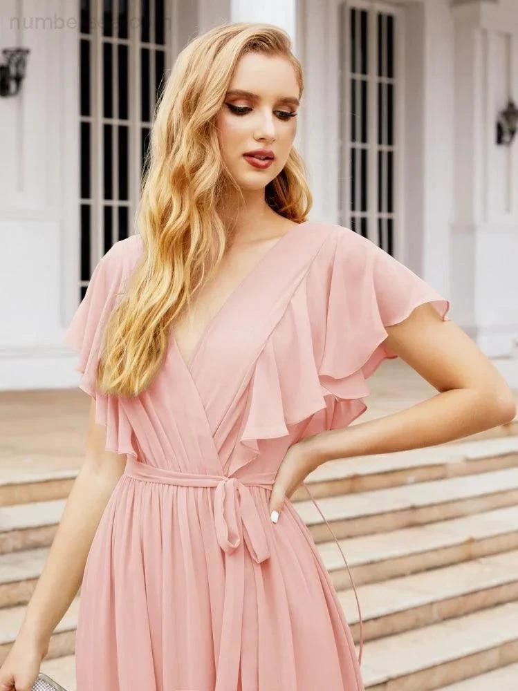 ZapDress Women's Open Back Formal Evening Party Prom Gowns V-Neck Long Chiffon Bridesmaid Dresses with Waist Belt 28038 (ZD17000)