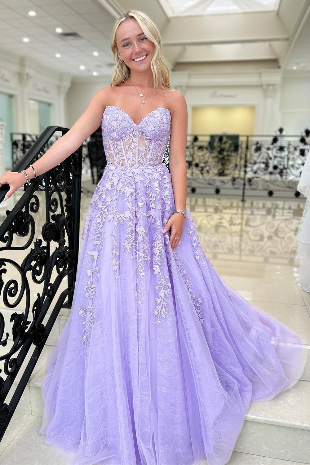 Chic A Line Sweetheart Purple Corset Prom Dress with Appliques - FashionDia