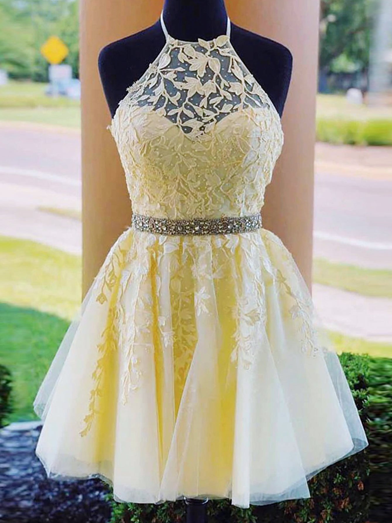 A-Line Yellow Short Party Homecoming Dress With Appliques - Fashionpara
