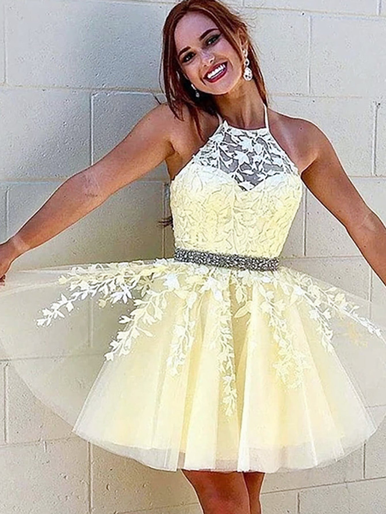 A-Line Yellow Short Party Homecoming Dress With Appliques - Fashionpara