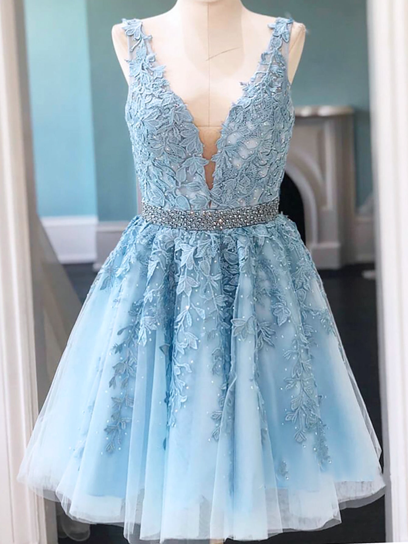 A-Line Pink Backless Short Party Homecoming Dress With Appliques - Fashionpara