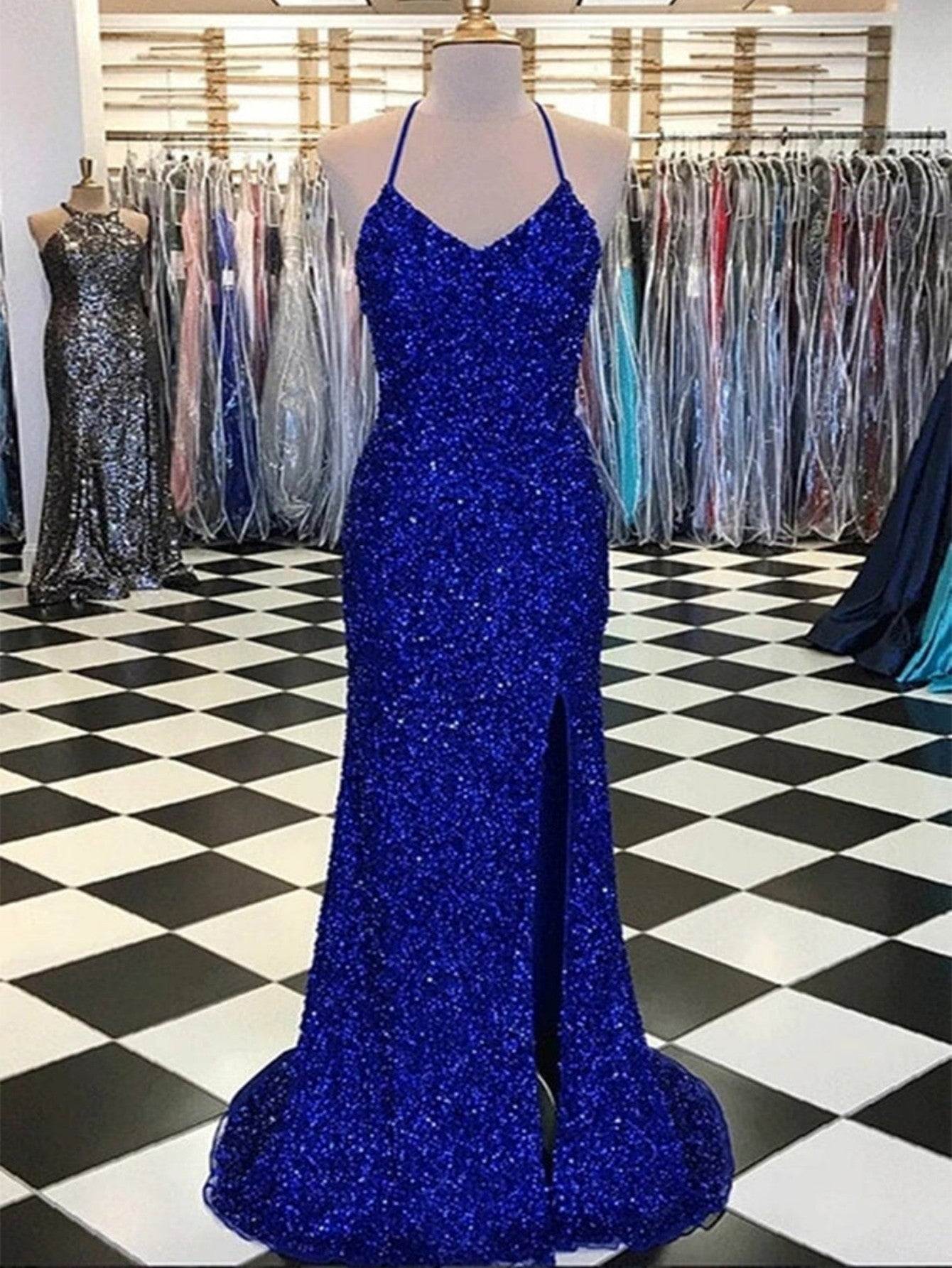 Royal Blue Sparkly Mermaid Long Prom Dress With Slit - Fashionpara