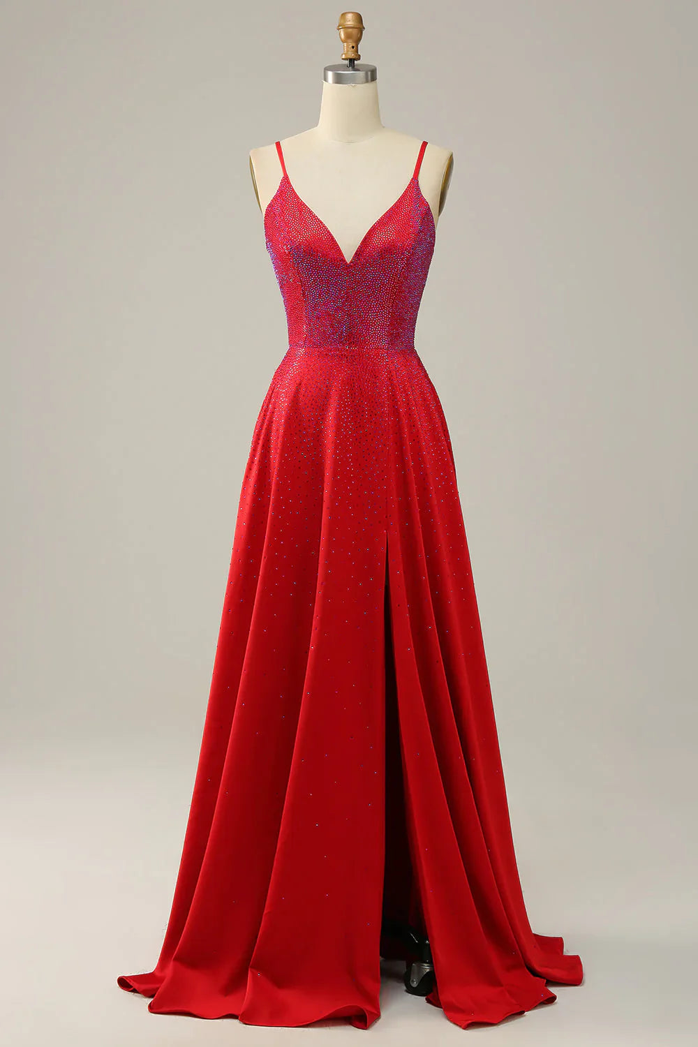 A Line Red Spaghetti Straps Beaded Long Prom Dress