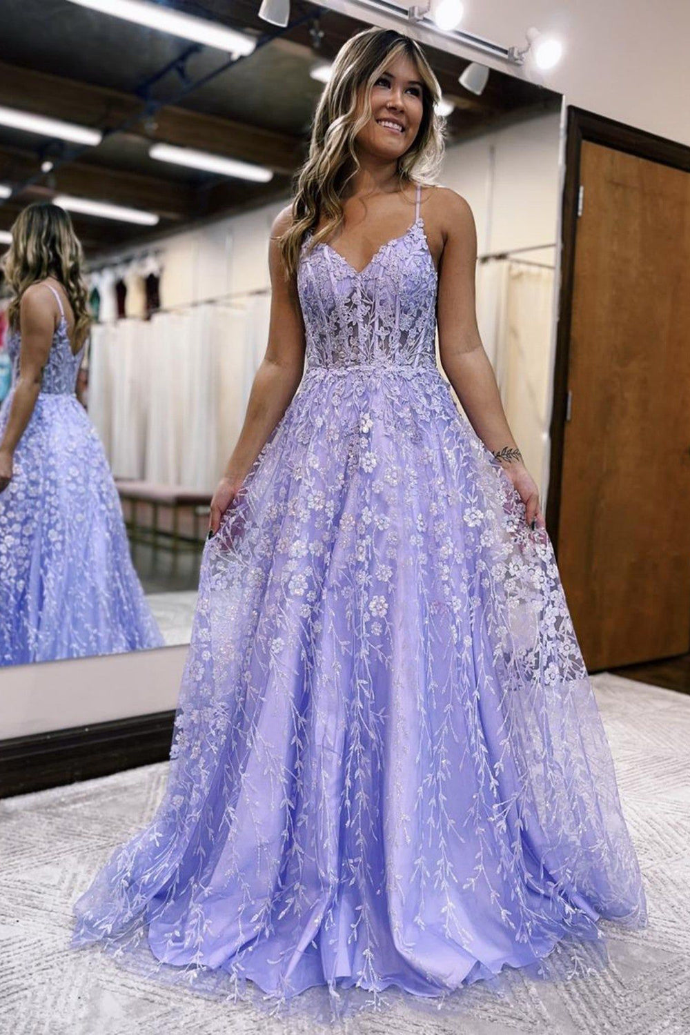 A Line Spaghetti Straps Lilac Corset Prom Dress with Appliques - VelvetHem