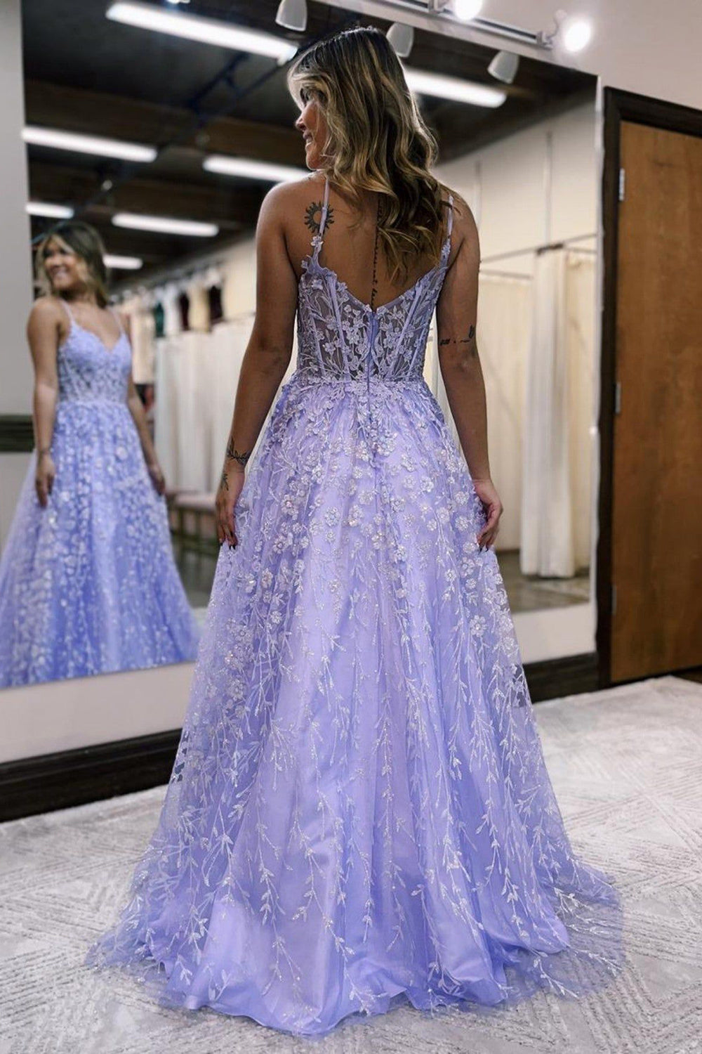 A Line Spaghetti Straps Lilac Corset Prom Dress with Appliques - View 2 | VelvetHem