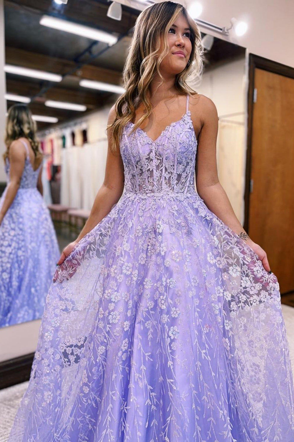 A Line Spaghetti Straps Lilac Corset Prom Dress with Appliques - View 3 | VelvetHem