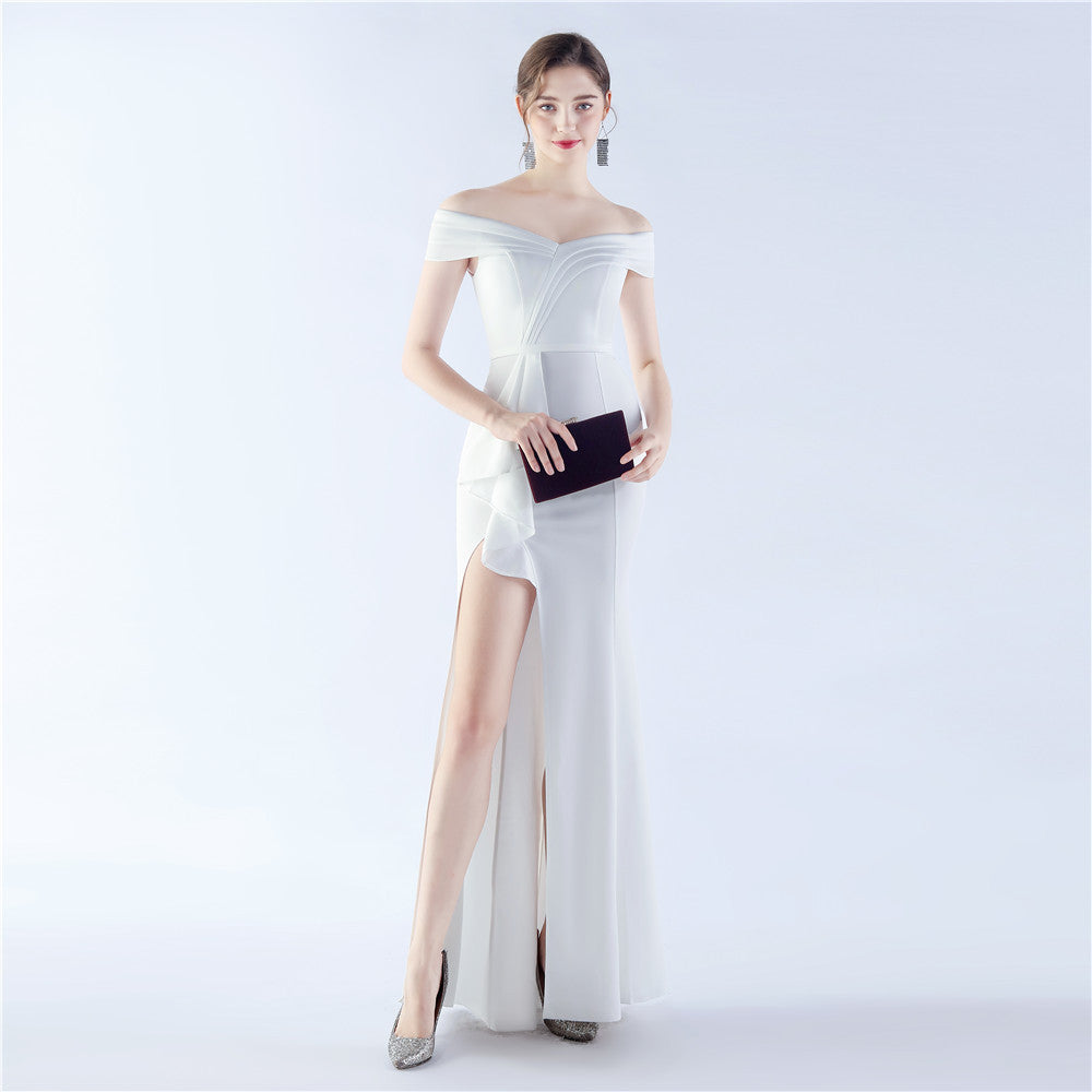 Classic Satin Off Shoulder Long Evening Dress - Elegant & Timeless - View 3 | VelvetHem