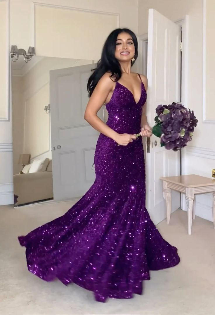 Purple Mermaid Sequin Long Prom Dress Sparkling Evening Dress