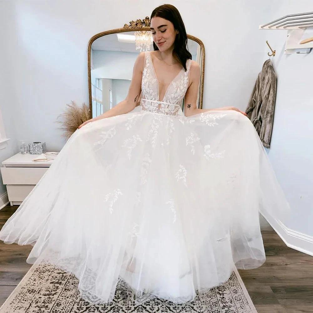 Pastrol  Wedding Dresses V-neck Backless Tulle For Women 2023 Bride A-LINE Appliques Vestidos De Novia Made To Order (ZD13385)