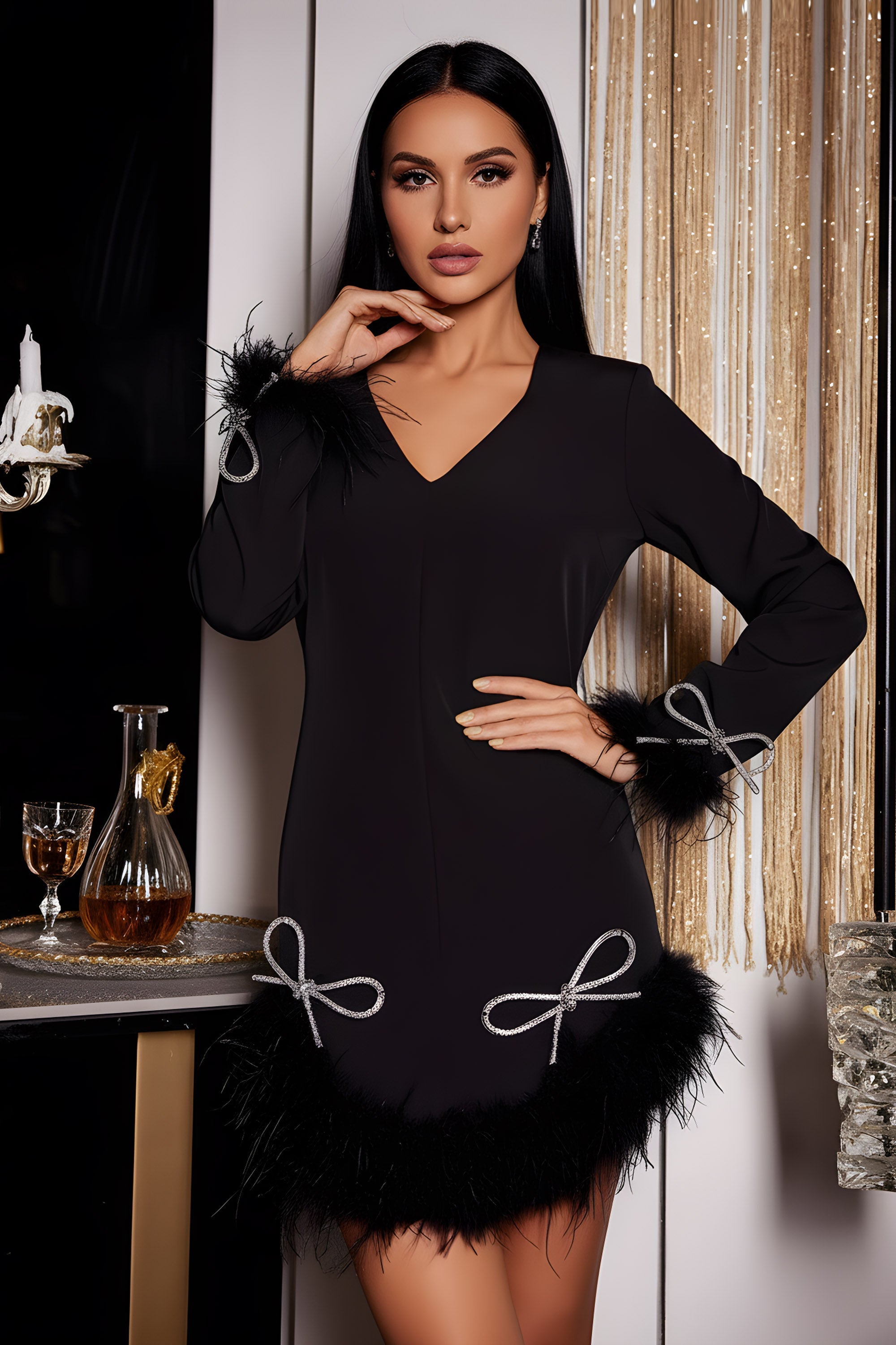 V-Neck Mini Dress with Feather Trim and Sparkly Bow Details
