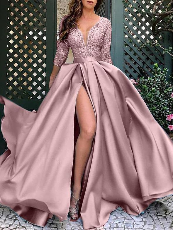 Women's Dresses Bronzing V-Neck Banquet Slit Evening Dress - View 4 | VelvetHem