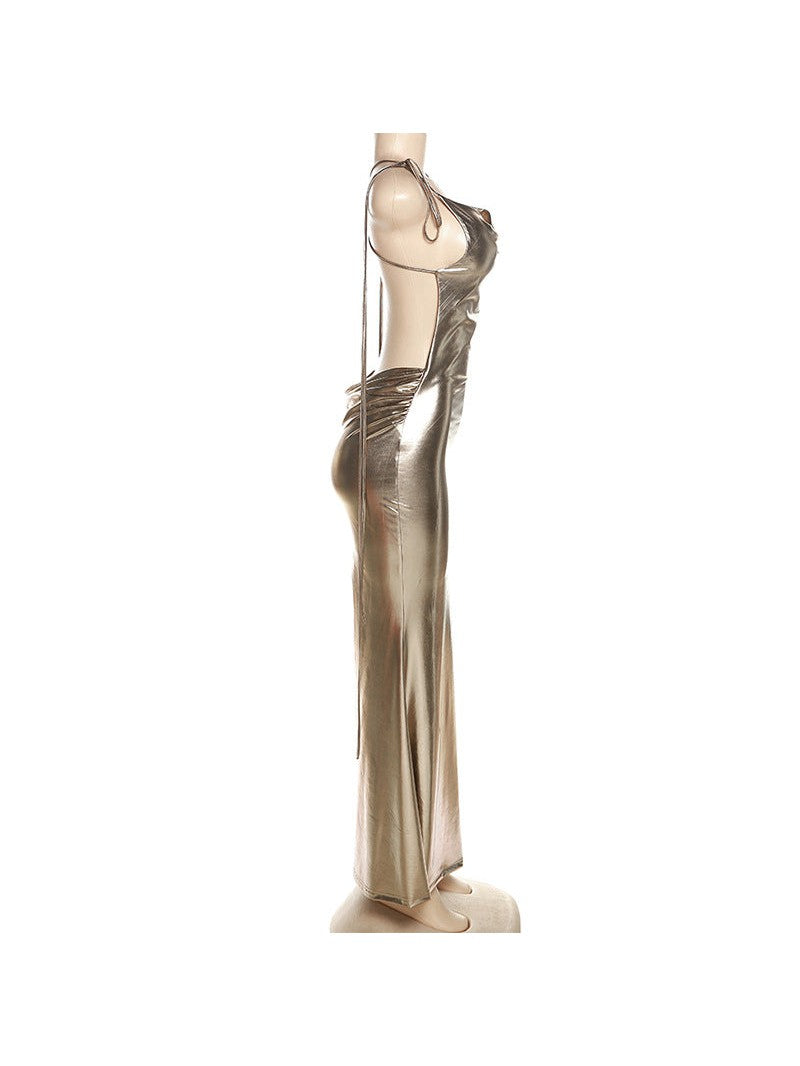 Metallic Coated Deep Neck Backless Evening Dress - View 15 | VelvetHem