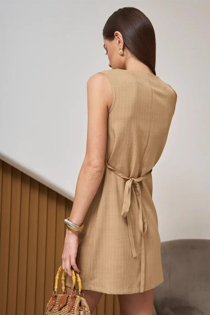 Sleeveless Button Front Tie Work Dress - View 4 | VelvetHem