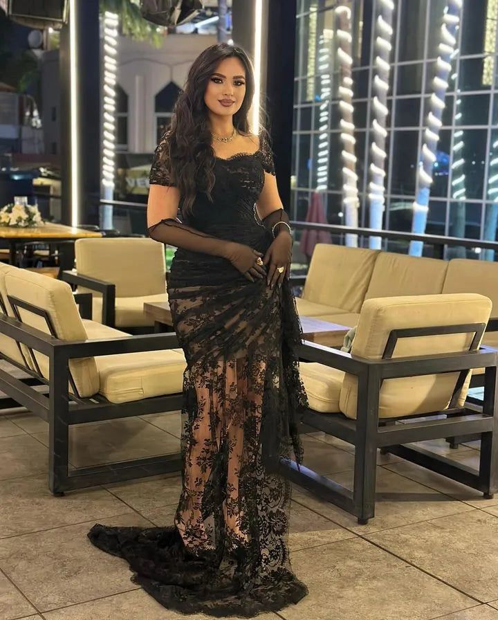 Modern Black Lace Prom Dress Mermaid Square Collar Pleated Floor Length High Slit Evening Dress vestido de gala